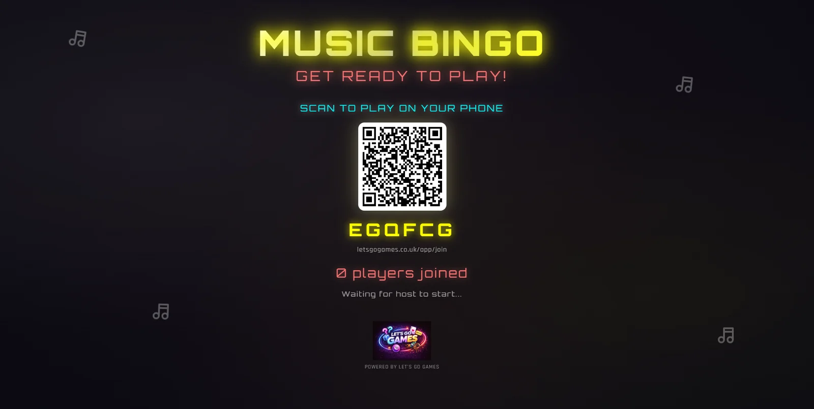 The big screen at the start of a night, showing the code people scan to join